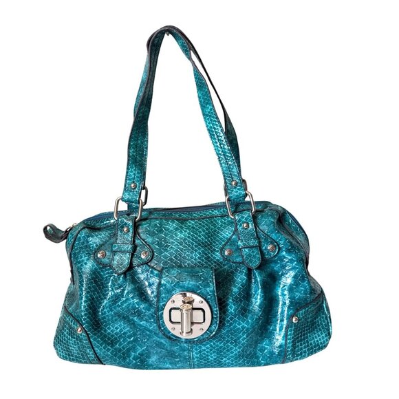 Teal Faux Snake Skin Handbag With Polished Silver Hardware & Dual Top Handles - Picture 2 of 12
